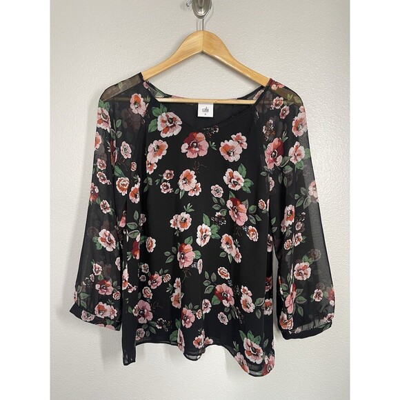 Cabi Black Floral Sheer 3/4 Sleeve Blouse Lined Top Women's Size Medium M Career - Picture 3 of 10